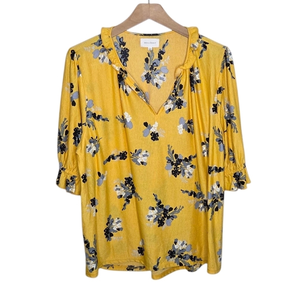 Melloday Yellow Floral V-neck Blouse with Elastic Elbow Sleeves Size Large